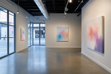 Modern art gallery interior displaying abstract paintings.