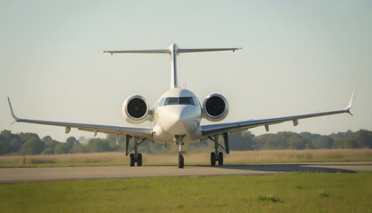 Naklejka premium A sleek, white private jet taxis on the runway, ready for takeoff. The aircraft is viewed head-on against a clear sky, exuding an air of luxury and adventure.