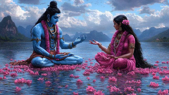 Hindu Deities Shiva and Parvati Meditating on a Flower Covered Lake