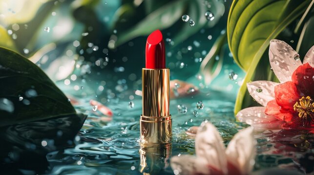 A red lipstick is floating in a pool of water with a bunch of flowers