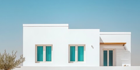 Obraz premium Minimalist White House Exterior: Sun-Drenched Mediterranean Architecture