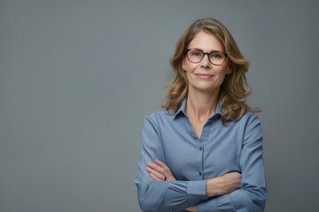 Happy young smiling confident professional business woman wearing blue shirt and glasses, happy pretty female executive looking at camera, standing arms crossed isolated at gray background, portrait
