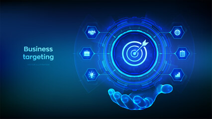 Business targetting icon in wireframe hand. Planning development leadership. Customer Relation Management and customer target group technology concept on virutal screen. Vector illustration.