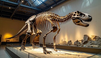 Photo of a large dinosaur skeleton in a museum, with space on the side for text.