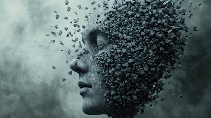 Crumbling Stone Face: A Surreal Depiction of Mental Disintegration and Fragility of the Human Psyche
