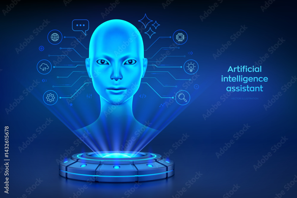 Aufkleber ai chatbot. ai assistant. ai agent. holographic platform with glowing rays forming a projection of a
