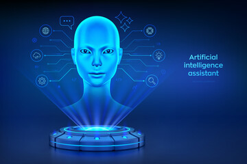 AI chatbot. AI assistant. AI agent. Holographic platform with glowing rays forming a projection of a cyborg woman head. Technology concept of artificial intelligence, automation. Vector illustration.