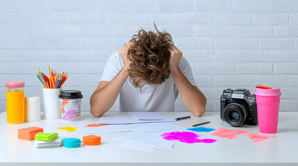 Young Man Feeling Overwhelmed at Messy Art Desk