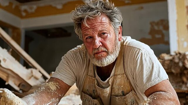 Close-up of a focused artisan covered in sawdust working with wood in a workshop. He is wearing a apron and a t-shirt. The background shows construction details and peeling walls