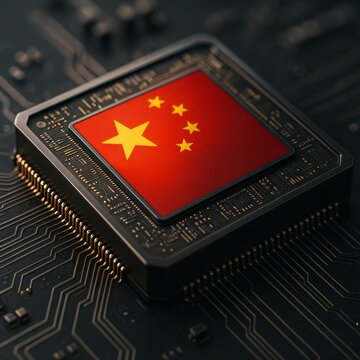 Chinese Flag on Computer Processor Chip Macro
