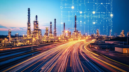 Obraz premium Illuminated Refinery Night Industry Light Trails Digital Overlay