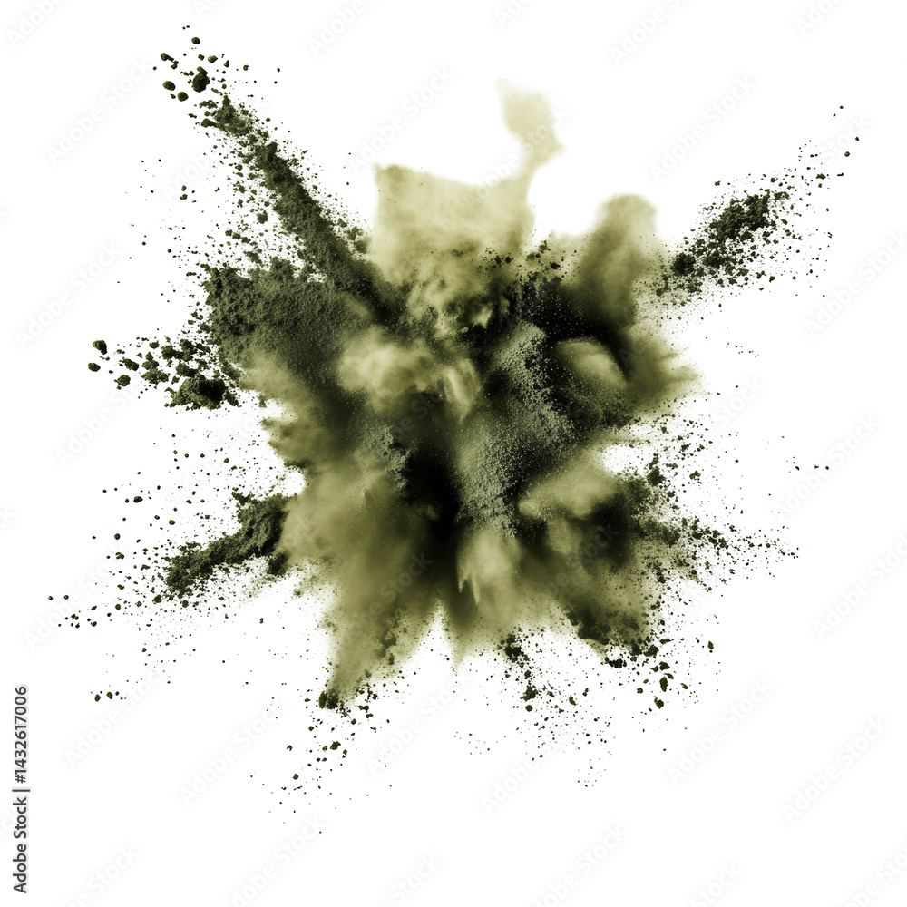 Poster olive color powder explosion captured on a transparent background showcasing a dynamic pulverization
