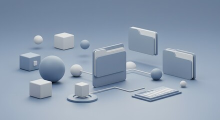Abstract 3D Render of Data Network Interconnected Cubes, Spheres, and Folders Representing Digital Connectivity and Information Flow