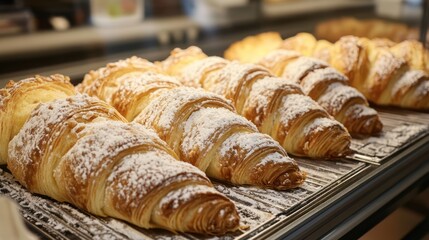 Delicate dusted croissants presented beautifully in a bakery display case