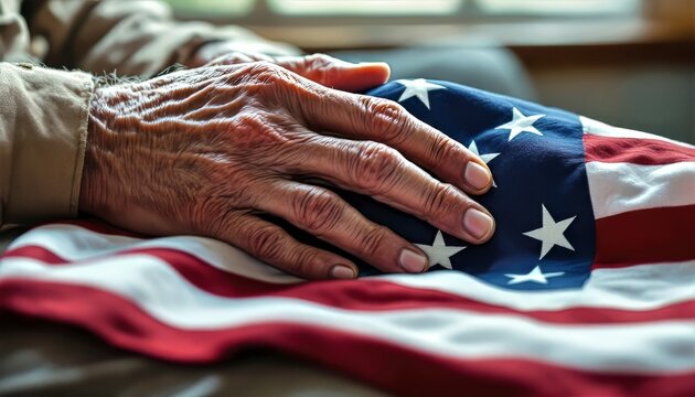 Elderly Veteran Hands Resting on American Flag Closeup