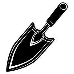Vector silhouette of a gardening trowel with a curved blade and a long handle  