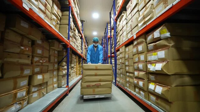 worker working in warehouse, carton boxes in warehouse area cleanroom with colored racks for storage and epoxy flooring in a pharmaceutical manufacturing factory for pharmaceutical chemicals.