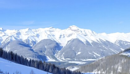 Fototapeta premium Snowy mountain range under a clear sky. Pine trees at base