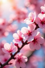 Fototapeta premium Close-up of blooming cherry branches, soft pink petals, sunlit bokeh , flora, nature, garden