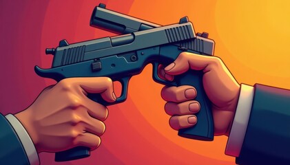 Close-up of cartoon hands, gripping weapons, ready to strike, visual, form, illustration