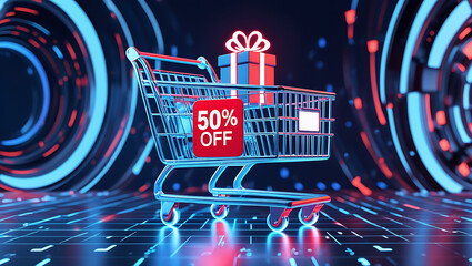 Neon glow shopping cart shows 50 discount on digital futuristic background. Gift box icon appears on digital surface. Online purchase concept. Techy sale promotion. Digital marketing app website 