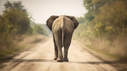 Elephant Walking on Dirt Road