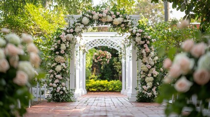 A white archway with flowers and a white archway with flowers