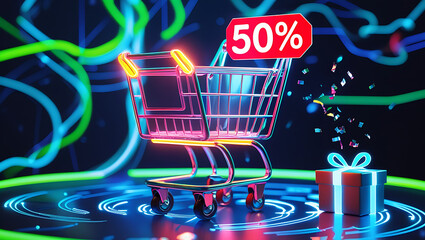Neon glow shopping cart shows 50 discount on digital futuristic background. Gift box icon appears on digital surface. Online purchase concept. Techy sale promotion. Digital marketing app website 