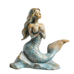 Mermaid statue delicately posed on a rock with intricate detailing against a clean transparent background, Mermaid Statue on transparent background