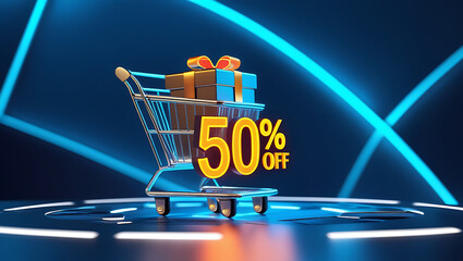 Neon glow shopping cart shows 50 discount on digital futuristic background. Gift box icon appears on digital surface. Online purchase concept. Techy sale promotion. Digital marketing app website 