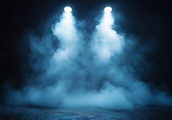Two bright lights illuminate a thick blue fog on a dark, textured ground.