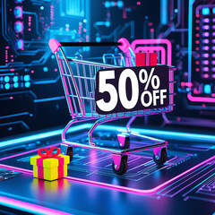Neon glow shopping cart shows 50 discount on digital futuristic background. Gift box icon appears on digital surface. Online purchase concept. Techy sale promotion. Digital marketing app website 