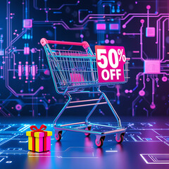 Neon glow shopping cart shows 50 discount on digital futuristic background. Gift box icon appears on digital surface. Online purchase concept. Techy sale promotion. Digital marketing app website 