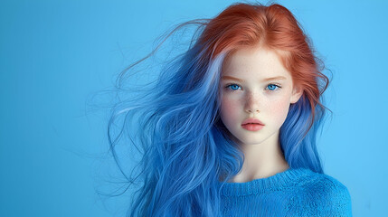Fototapeta premium Portrait of a Young Girl with Red and Blue Hair, Pixelization Effect, Blue Background