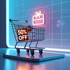 Neon glow shopping cart shows 50 discount on digital futuristic background. Gift box icon appears on digital surface. Online purchase concept. Techy sale promotion. Digital marketing app website 