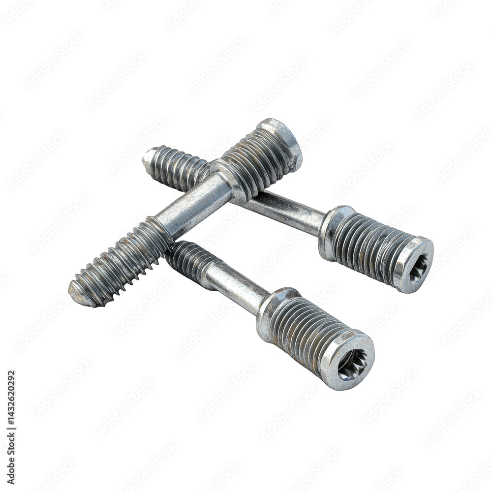 Poster three metal screws isolated on a transparent background showcasing their design and threaded structu