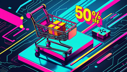 Neon glow shopping cart shows 50 discount on digital futuristic background. Gift box icon appears on digital surface. Online purchase concept. Techy sale promotion. Digital marketing app website 