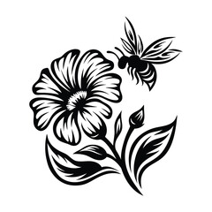 Elegant Black Silhouette of Flower with Bee Flying on White Background Isolated