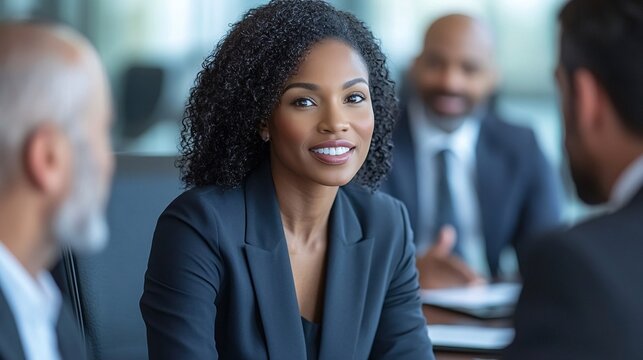 Business Meeting Insights: A poised businesswoman radiates confidence as she actively engages in a meeting, surrounded by colleagues, embodying focused leadership and intelligent discussion.