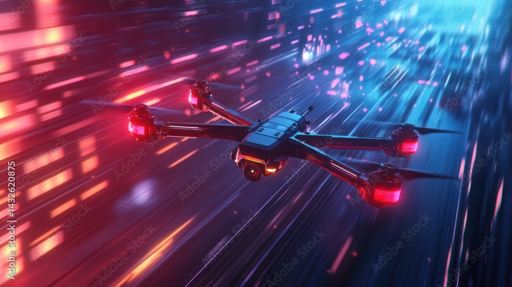 Poster high-speed drone navigating through a futuristic data stream environment