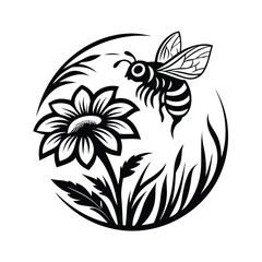 Minimalist Black Silhouette Of Bee Flying Toward Sunflower Isolated On White, Circular Border