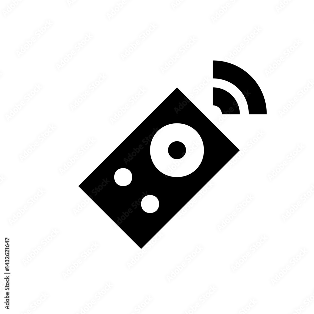 Poster illustration of a black remote control device with two small buttons and a signal icon at the top ri