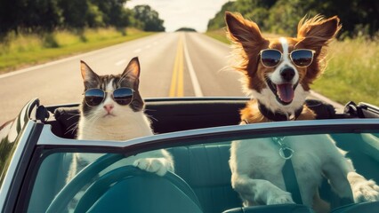 Cat and Dog in Sunglasses Driving