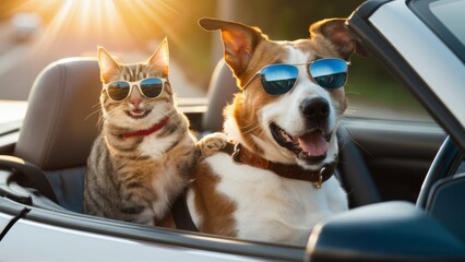 Cat and Dog in Sunglasses Driving