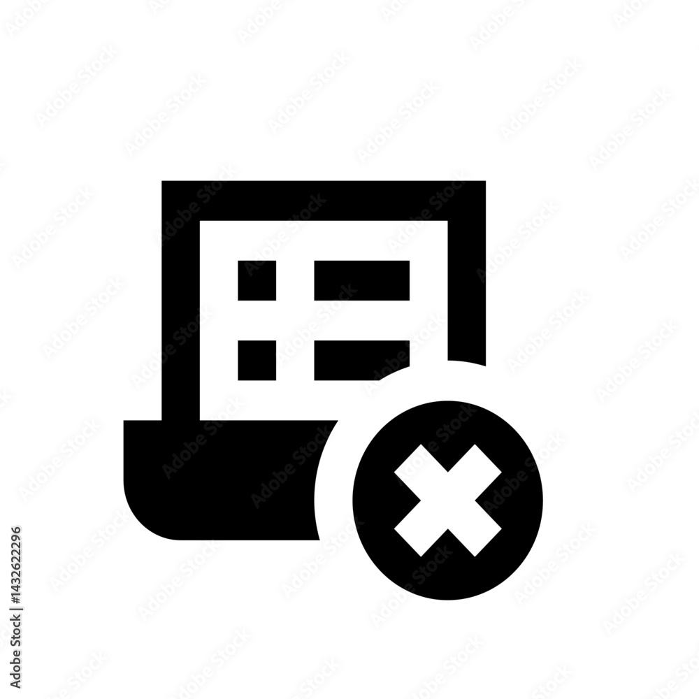 Poster black and white icon showing a document with grid and a circle with an x symbol overlaying it