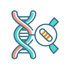 DNA strand with magnifying glass, genetic research icon