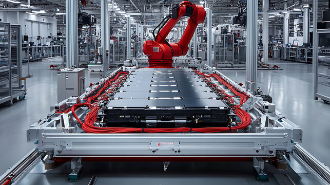 A robotic arm assembling high performance electric car batteries in an automotive tech lab, AI-driven systems ensuring efficient energy storage for electric vehicles, Automotive-tech style