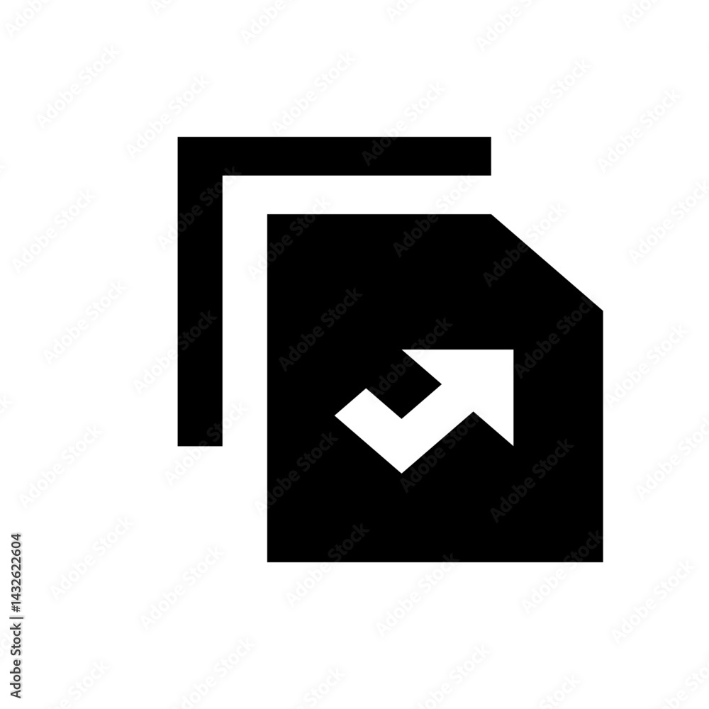 Poster black and white icon depicting two document pages with an arrow pointing upwards to the right side