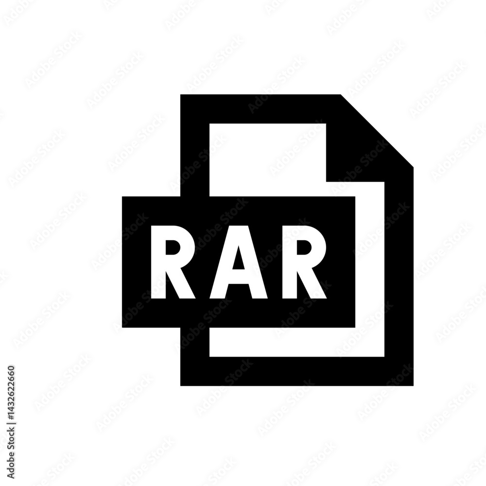 Poster black and white rar file format icon with bold text on file document representation graphic design