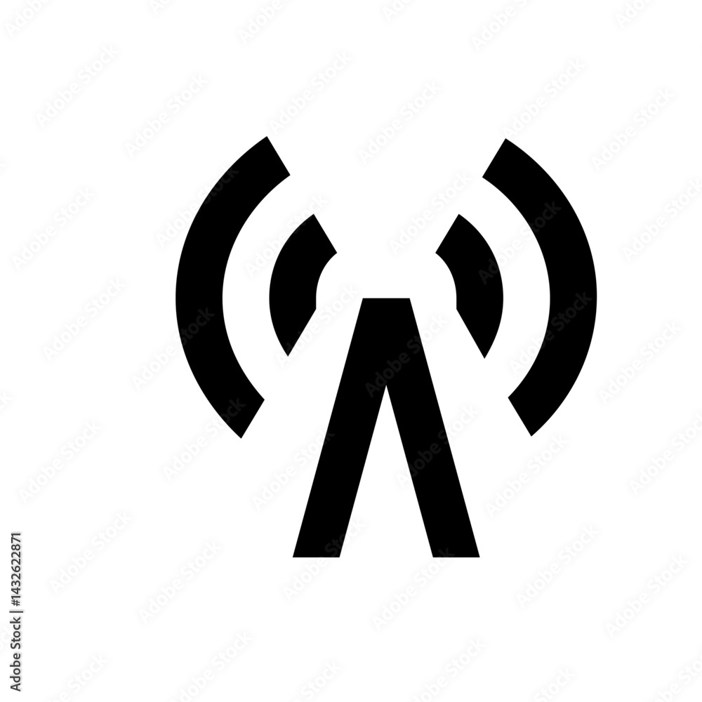 Aufkleber illustration of a black radio tower broadcasting signal waves on a white background in a simple desi